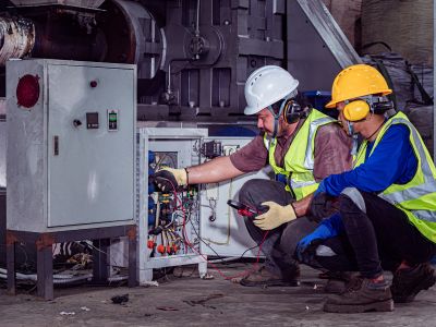 Electricians inspecting and testing an industrial electrical control panel.