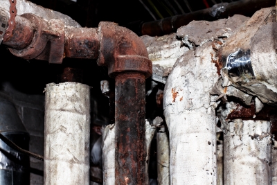 Damaged asbestos wrap insulation around heating pipes